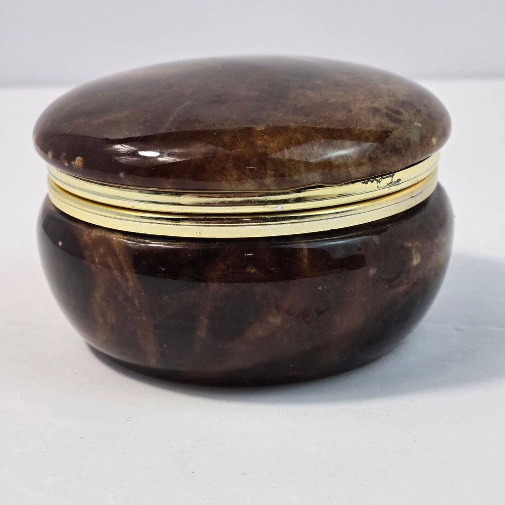 Genuine Alabaster Trinket Box Hand Carved Italy Brown Marbled Stone Jewelry Box
